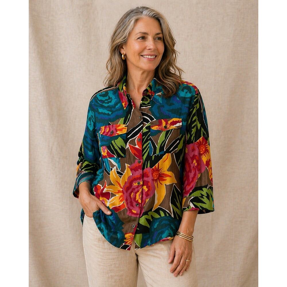 Chicos Linen Top Women Medium Colorful Floral 3/4 Sleeve Button Up Shirt Relaxed